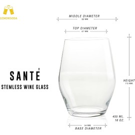 LEMONSODA Sante Stemless Crystal Wine Glasses -Wine Tasting Wedding Party Gift Sets- (455 mL / 15 Fluid Ounces) (Set of 12) [2073]