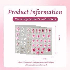 Shimmerz 4 Sheets Flower Nail Stickers Spring Relaxation Lilies Nail Art 3D Acrylic Flower Relief Stencils Gold Star Cherry Blossom for DIY Nail Decoration