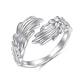 Feather Angel Wings Adjustable Dainty Sterling Silver Open Thumb Ring for Women Men Valentine's Day Gifts, Silver, No Gemstone