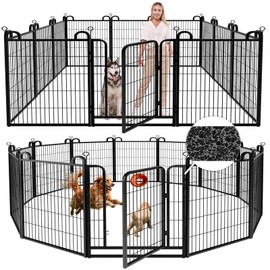 Dog Playpen Outdoor 12 Piece Panels Heavy Duty Dog Fence 32" Height Anti-Rust with Doors Portable for RV Camping Yard, Total 27FT, 58 Sq.ft, Snowy Black