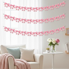 Suncalla 3 Pcs Pink Velvet Bow Cherry Garlands Cherries Birthday Party Decorations Cute Fruit Hanging Banner for Christmas Birthday Wedding Bridal Shower Decor