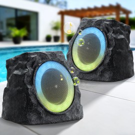MIKK 2 Pack Solar Rock Speakers Outdoor Waterproof Patio with Lights Color,Multi-Sync Up to 100 Speakers Pairing Solar Powered Rock Speaker Rechargeable for Pool Party Yard Outside