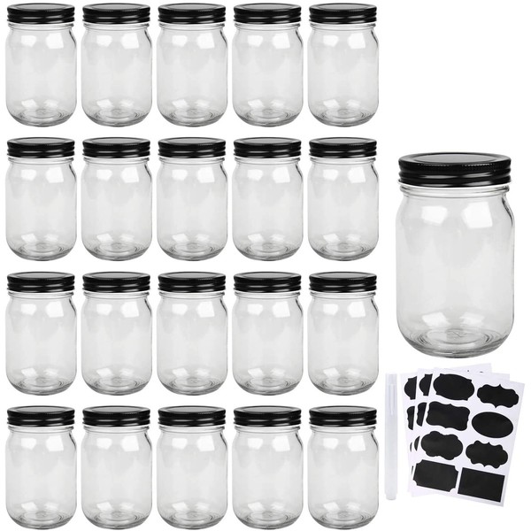 QAPPDA Mason Jars,Glass Jars With Lids 12 oz,Canning Jars For Pickles And Kitchen Storage,Wide Mouth Spice Jars With Black Lids For Honey,Caviar,Herb,Jelly,Jams,Set of 20