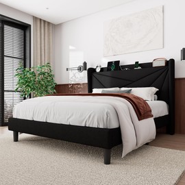 Feonase Full Size Bed Frame with Charging Station, Upholstered Platform Bed Frame with Wingback Storage Headboard, Solid Wood Slats Support, No Box Spring Needed, Black