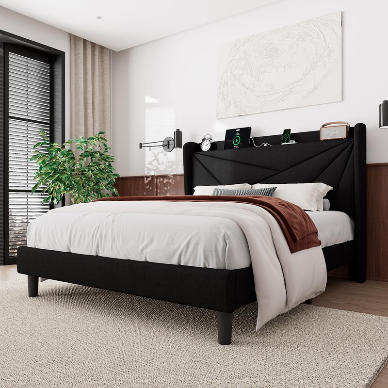 Feonase Full Size Bed Frame with Charging Station, Upholstered Platform