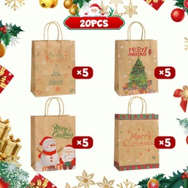 BOLZRA Kraft Christmas Gift Bags with Handles, 10.6''x4.4''x8.7'' Christmas Kraft Paper Prints with Xmas Tree, Snowman, Santa Claus for Presend Wrap Goody Bags, School Party Favors, 20Pack