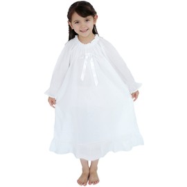 610 YOU Pajama Dress for Kids, Girls Long Sleeve Nightgowns, White Cotton Vintage Night Gowns for Girls, 6-7 Years