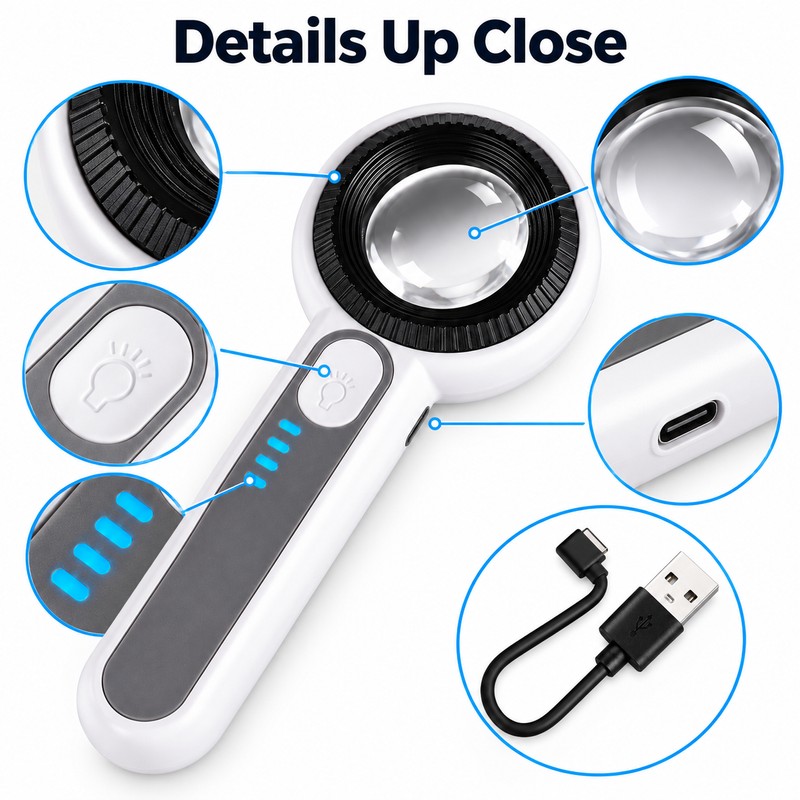 USB Rechargeable 60x HD Magnifier with LED & Purple Light