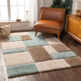 Well Woven Ella Light Blue Geometric Boxes Thick Soft Plush 3D Textured Shag Area Rug 5x7 (5'3" x 7'3")