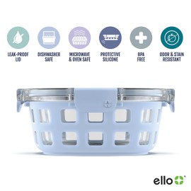 Ello Duraglass Meal Prep Container, 4 Cup- Glass Food Storage Container with Silicone Sleeve and Airtight BPA-Free Plastic Lid, Dishwasher, Microwave, and Freezer Safe, Halogen Blue