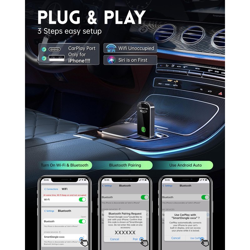 Amzfeel Wireless CarPlay Adapter for Apple iPhone iOS 10+ &