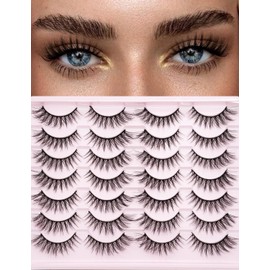 False Lashes Natural Look Eyelashes - 14 Pairs 14mm Faux 3D Mink False Eyelashes Natural Looking Fluffy Cat Eye Wispy Strip Lashes Pack by EMEDA (C080）