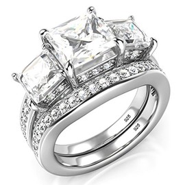 Metal Factory Sz 6 Sterling Silver 3 Carat Princess Cut Cubic Zirconia CZ Wedding Engagement Ring Set
