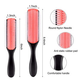 2 Pieces Hair Brush - 9-Row Cushion Nylon Bristle Styling Brush and 5-Row Travel Hair Brush with Anti-static Rubber Pad for Curly Hair Styling, Separating, Shaping, Smoothing and Blow-Drying (Red)