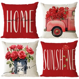 Set of 4 Rose Pillow Covers 22x22 Red Spring Summer Pillow Covers Hello Sunshine Flower Floral Cushion Covers Square Cotton Linen Pillow Cases for Sofa Couch Patio Outdoor Home Decor(22 Inch)