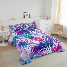 Cartoon Pineapple Comforter Palm Leaves Bedding Set for Kids Boys Girls Tropical Botanical Comforter Set Watercolor Purple Blue Decor Quilt Set Bedroom Collection 3Pcs Full Size
