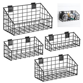 Vesici 4 Pack Slatwall Basket, Multi Size Metal Beveled Slatwall Panel Hanging Basket Mounted Slatwall Storage Basket for Shops, Rooms, Garage Storage Display Organizing on Slatwall Panels, Black