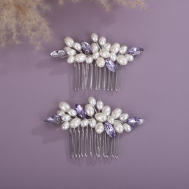 Teyglen Pearl Wedding Hair Comb Purple Rhinestone Pearl Hair Piece Bride Headpiece Bridal Crystal Pearl Hair Comb Elegant Hair Accessories for Women (Purple)