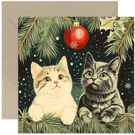 Cat Artwork Greeting Card for Christmas - Christmas Cards for Family and Friends - Cat Design - Christmas Tree Bauble Cat Theme - For Mum Dad Brother Sister Husband WIfe