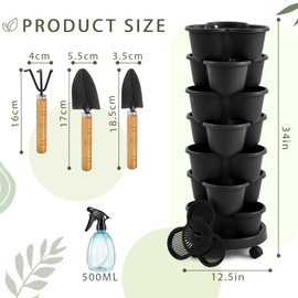 Umigy 2 Set Black 7 Tier Stackable Vertical Planters with Removable Wheels and Tools Tower Planters Strawberry Herb Flower Vegetable Pots Indoor Outdoor Gardening Pots