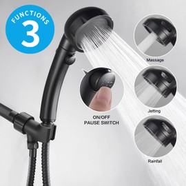 KAIYING High Pressure Handheld Shower Head with ON/OFF Pause Switch, 3 Spray Modes Shower Wand with Shut Off Button, Removable Camper Shower Head with Hose and Adjustable Angle Bracket (Black)