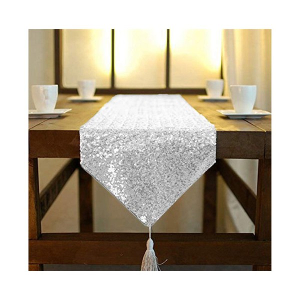 ShinyBeauty Silver Table Runner Tassel Silver Table Cover For Party 12x90-Inch Linen Table Runner Sequins Wedding Bridal Shower Decoration (12x90-Inch, Silver)