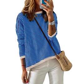 DUOEASE Women's Striped Knitted Pullover Long Sleeve Autumn Crew Neck Sweatshirt Cotton Tops, sapphire blue