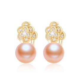 Pearl Earrings Stud Gold Jewellery Gifts for Women Ladies, Freshwater Cultured Pink Pearl Hypoallergenic Pierced Ear Rings 14k Gold Plated