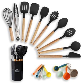 Bebiger Kitchen Cooking Utensils Set, 21 pcs Non-Stick Silicone Cooking Kitchen Utensils Spatula Set with Holder, Wooden Handle Silicone Kitchen Gadgets Utensil Set, Black