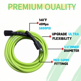 YUYEW Super Flexible Pressure Washer Hose 50ft 5800 PSI Kink Resistant Power Washer Hose 1/4 in Replacement Power Wash Hose with M22 and 3/8" Quick Connection Kit for Gas & Electric