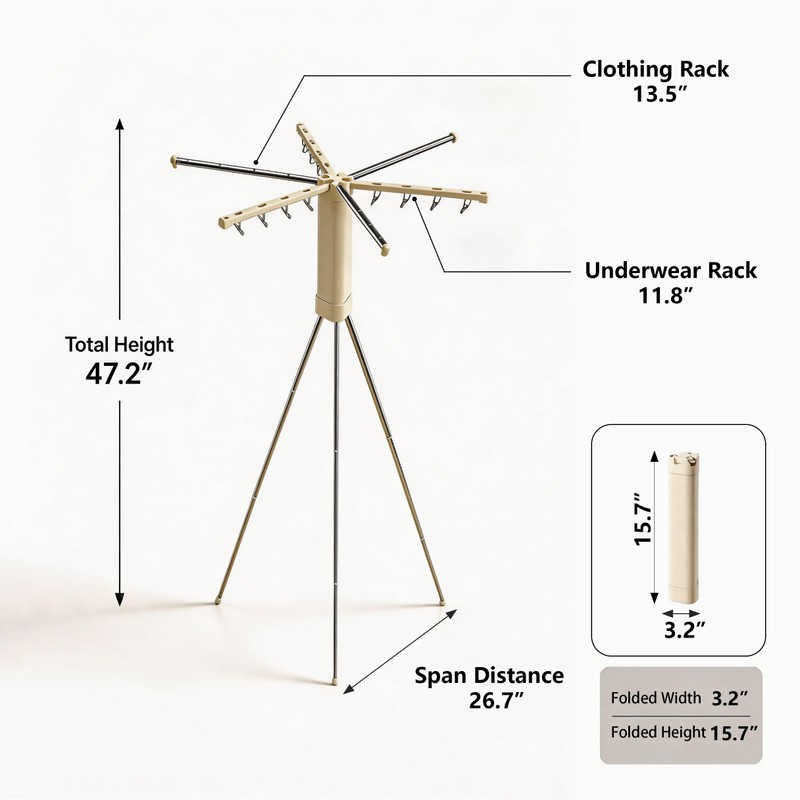Foldable Tripod Clothes Drying Rack - 6 Clothes Arms &