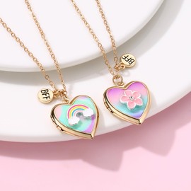 Rainbow Flower BFF Friendship Necklace Cute Heart Pendant Locket Picture Necklaces Set Of 2 Photo Secret Inside Storage Matching Birthday Graduation Jewelry Gifts for Sister Besties Daughter Best