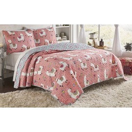 Vue Llama Drama Modern Graphic 2-Piece Reversible Quilt Set, Twin/Twin XL, Coral