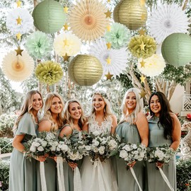 Sage Green Party Decorations Hanging Paper Lanterns Decorative Tissue Paper Pom Poms Sage Green Gold White Decorations with Gold Star Garland for Baby Shower Bridal Shower Birthday Wedding Engagement