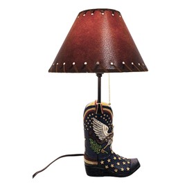 Ebros Gift Faux Tooled Leather Rustic Western Country Patriotic Bald Eagle Star Spangled Banner American Flag Cowboy Boot Hand Painted Desktop Table Lamp with Brown Laced Shade