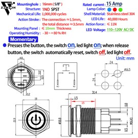 15 Amp Momentary Push Button Switch 16mm 5/8" Waterproof IP67 110V-120V 1NO SPST with Red LED Light 304 Stainless Steel On Off with Wire Socket