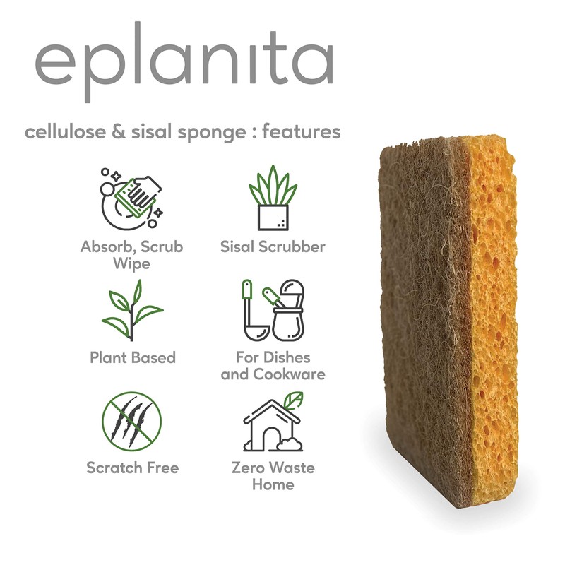 eplanita Natural Plant Based Scrub Sponges (3 Pack), Non-Scratch, Biodegradable