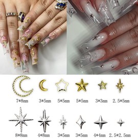 Yamobi 400 pieces 3D nail charms gold silver, star moon nail charms glitter stones for nails, metallic star rhinestones, DIY nail decoration, manicure accessories