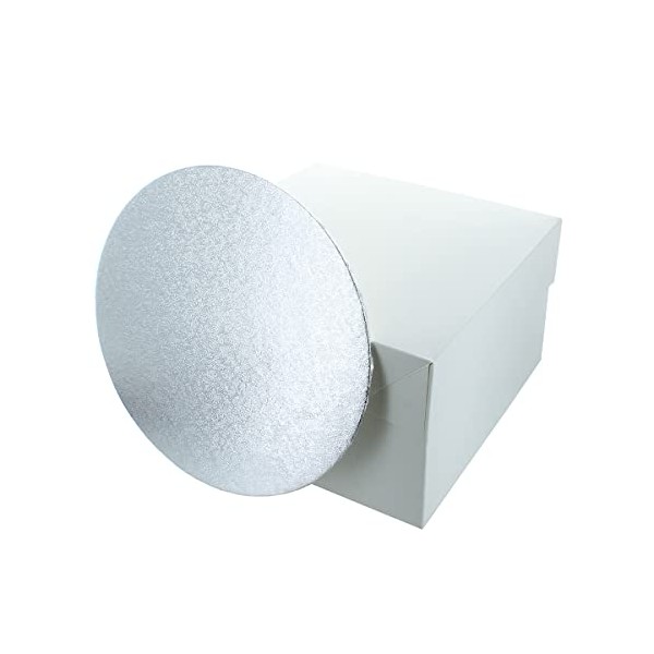 Culpitt 10" Round Silver Cake Card & White Box Combo, 3mm Turned Edge Board and For Sponge Cakes, Muffins, Cupcakes, 88603