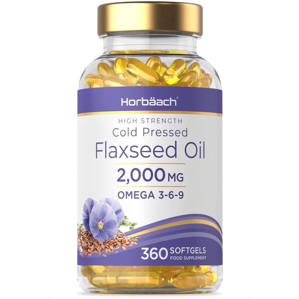 Flaxseed Oil 2000mg | 360 Cold Pressed Softgels | Omega 3-6-9 | High Strength ALA | by Horbaach