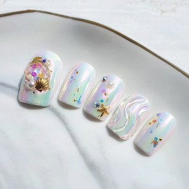 Pink powder beach ball handmade nail tips - Long Square / 핑크 파우더 비치 볼 수제 네일팁 - 롱스퀘어