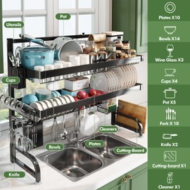 BOOSINY Over The Sink Dish Drying Rack 3 Tier Full 304 Stainless Steel Above Sink Dish Drainer for Kitchen Shelf, Expandable Over The Shelf Storage Organization (Black - 25.5"-35.5")