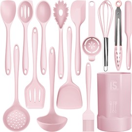 AOTHOD Silicone Cooking Utensils Set - 446°F Heat Resistant Kitchen Utensils, Spatula,Turner Tongs,Spoon,Whisk,Kitchen Utensil Gadgets Tools Set for Nonstick Cookware,Dishwasher Safe BPA Free(Pink)