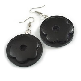 40mm D/Black Round Floral Wooden Drop Earrings - 65mm Long (Natural Irregularities)