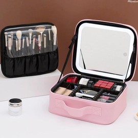 MGuoGuo Makeup  with LED Mirror WITH 3 COLOUR LED Lighted Portable Storage  with Adjustable Dividers Portable mutipul Capacity Cosmetic Storage giant hot pockets bag travel makeup organizer Compact - Color: PINK