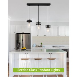 foucasal Kitchen Pendant Lighting Over Island 3 Pendant Lights with Seeded Glass Shade Black Pendant Lighting Adjustable Farmhouse Ceiling Light for Kitchen Island Dining Room Bedroom Living Room