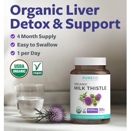 PURE CO USDA Organic Milk Thistle Capsules - 80% Silymarin Supplement for Liver Support- Super Concentrated 300mg of 30:1 Milk Thistle Extract Equivalent to 9,000mg - Milk Thistle Liver Detox 120 Day Supply