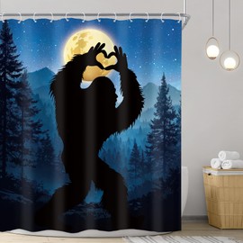 Riyidecor Funny Shower Curtain 60Wx72H Inch Rustic Mountain Monkey Chimpanzee Wild Animal Cool Silhouette Shadow Scene Moon Nature Bathroom Decor Fabric Polyester Waterproof 12 Pack Hooks