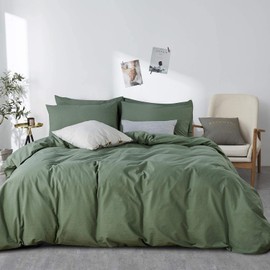 JELLYMONI Green 100% Washed Cotton Duvet Cover Set, 2 Pieces Luxury Soft Bedding Set with Zipper Closure. Solid Color Pattern Duvet Cover Queen Size(No Comforter)