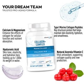 Granions Marine Collagen Pills – 2000mg Hydrolyzed Marine Collagen Peptides, Hyaluronic Acid, Vitamin C, Calcium, Magnesium – Skin, Hair, Nails, Pro Aging Hyaluronic Acid Supplements – 180 Tablets